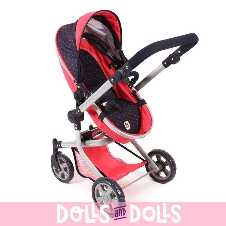Mika Kinderwagen 74,5 cm umbaubar zum Puppenwagen - Bayer Chic 2000 - Navy-Coral mit Polka Dots