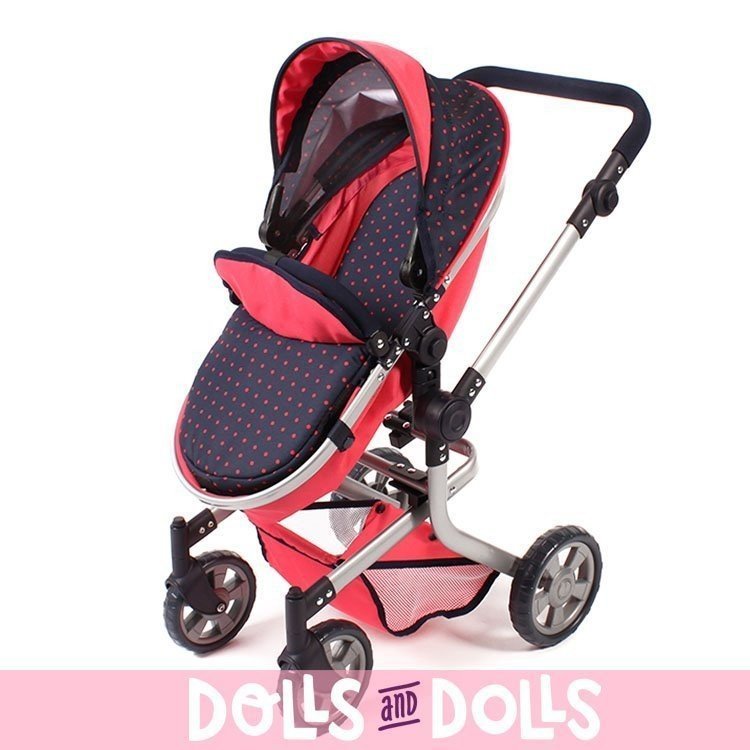 Mika Kinderwagen 74,5 cm umbaubar zum Puppenwagen - Bayer Chic 2000 - Navy-Coral mit Polka Dots