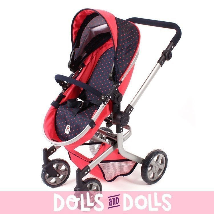Mika Kinderwagen 74,5 cm umbaubar zum Puppenwagen - Bayer Chic 2000 - Navy-Coral mit Polka Dots