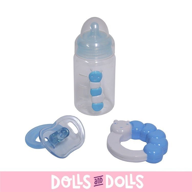 Zubehör für Puppen Berenguer - Blaues Set aus Babyflasche, Rassel und Schnuller