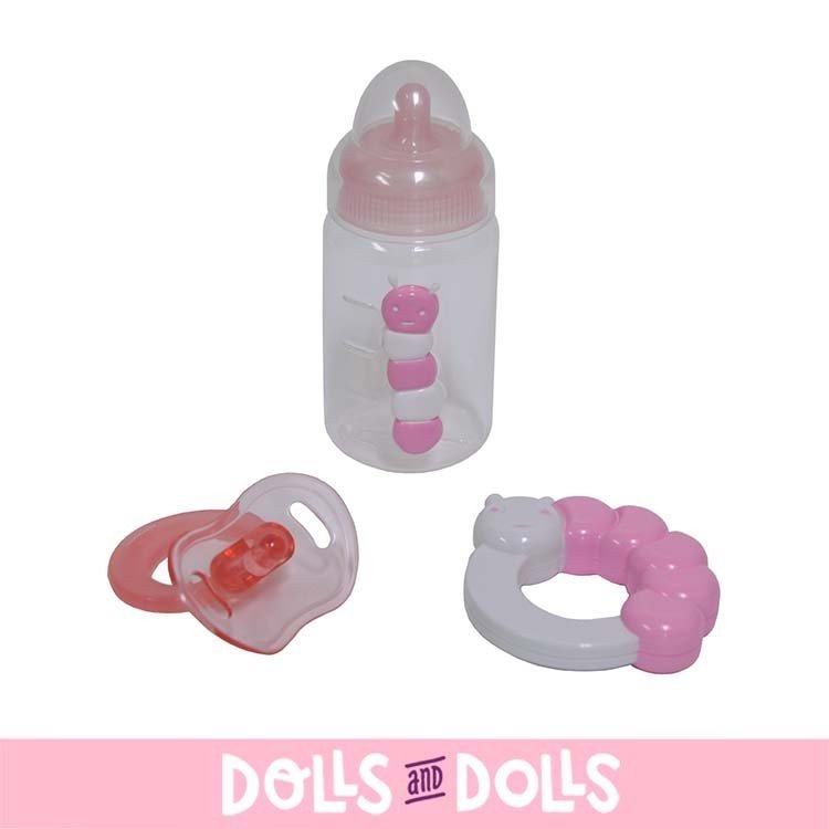 Zubehör für Puppen Berenguer - Rosa Babyflasche, Rassel und Schnuller Set