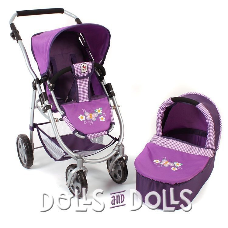 Emotion 2 in 1 Puppenwagen 77 cm - Stuhl- und Babywannenkombination - Bayer Chic 2000 - Kariert und lila mit Schmetterling