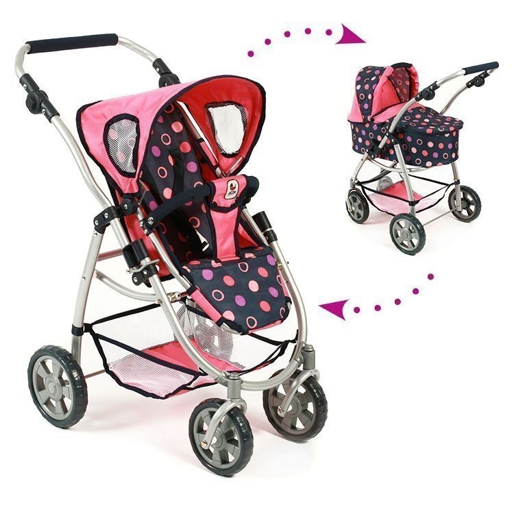 Emotion 2 in 1 Puppenwagen 77 cm - Kombination aus Stuhl und Babywanne - Bayer Chic 2000 - Pink und Navy mit Kreisen 77 cm