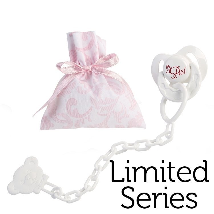 Ergänzungen für Limited Series Reborn Puppen von Así - Schnuller mit Clip und rosa-weißer Kaschmirbeutel