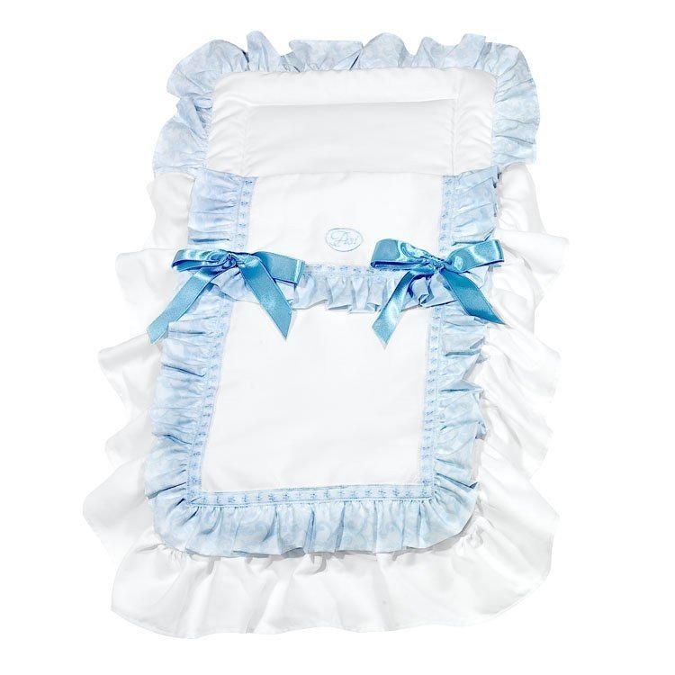 Ergänzungen für Así-Puppe - Weiße Pique-Kinderwagentasche mit blau-weißer Kaschmirrüsche