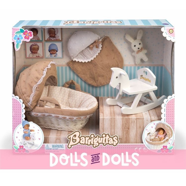 Zubehör für Barriguitas Classic Puppe 15 cm - Set aus Babywanne, Schaukelpferd und Stoffhase