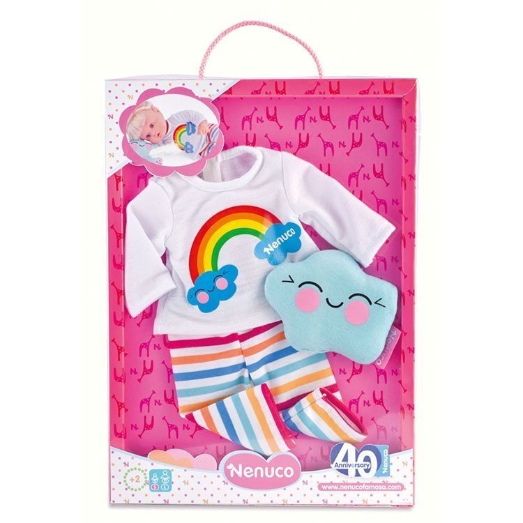Nenuco Puppe Outfit 35 cm - Tageszeiten - Regenbogen-Pyjama mit Kissen