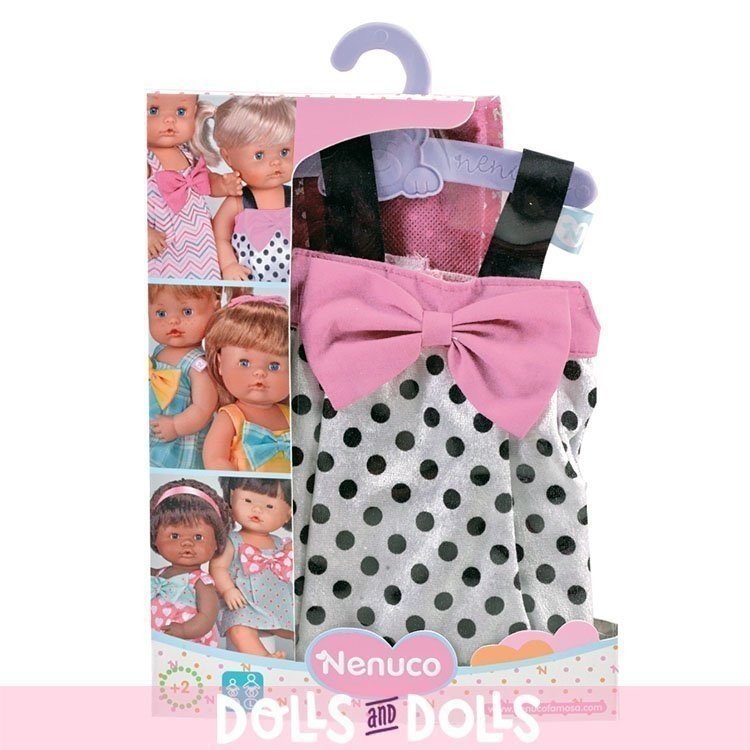 Nenuco Puppenoutfit 42 cm - Weiß mit schwarzem Polka Dots Kleid mit pinker Bindung