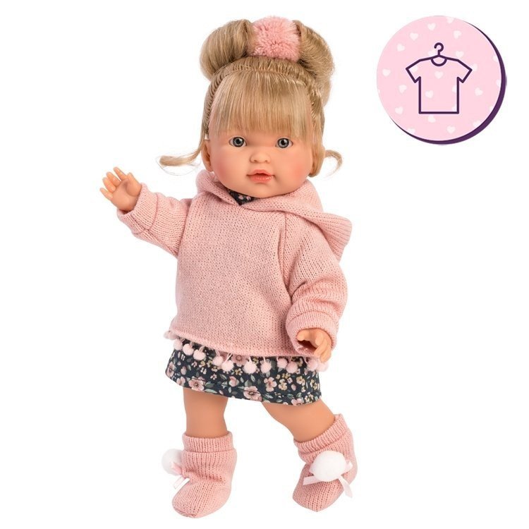 Kleidung für Llorens Puppen 28 cm - Blumendruck-Outfit mit rosa Jacke und Stiefeletten