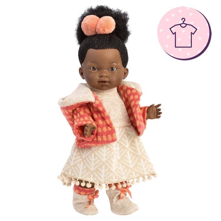 Kleidung für Llorens-Puppen 28 cm - Beiges Strickkleid mit rosa und orangefarbener Jacke und Stiefeletten