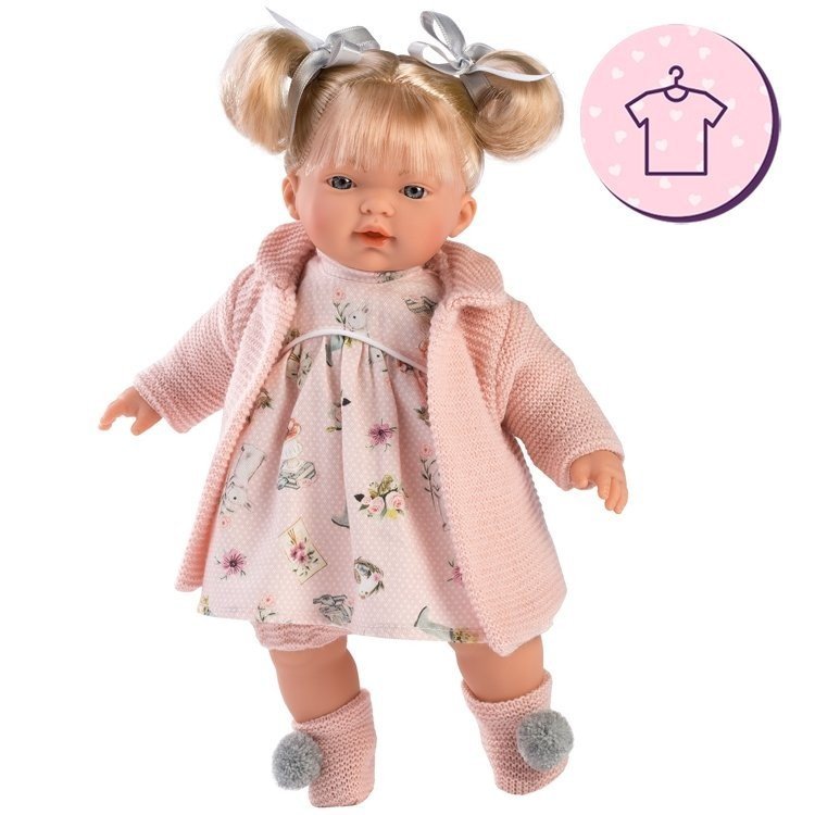 Kleidung für Llorens Puppen 33 cm - Bedrucktes Kleid mit rosa Jacke und Stiefeletten