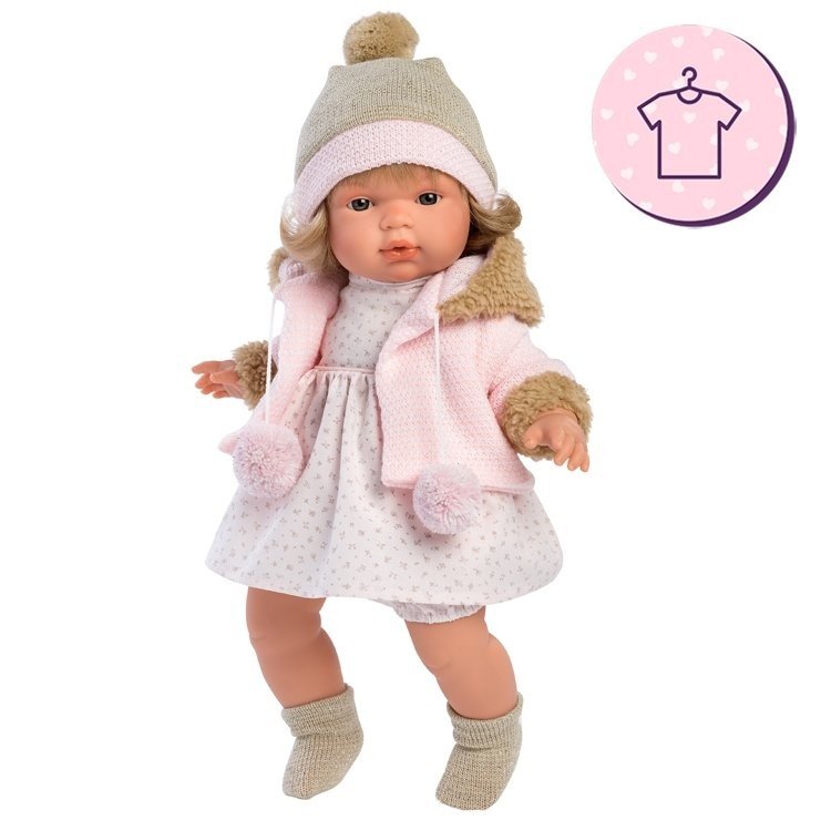 Kleidung für Llorens-Puppen 38 cm - Blumendruckkleid mit rosa und beiger Jacke, Hut und Stiefeletten
