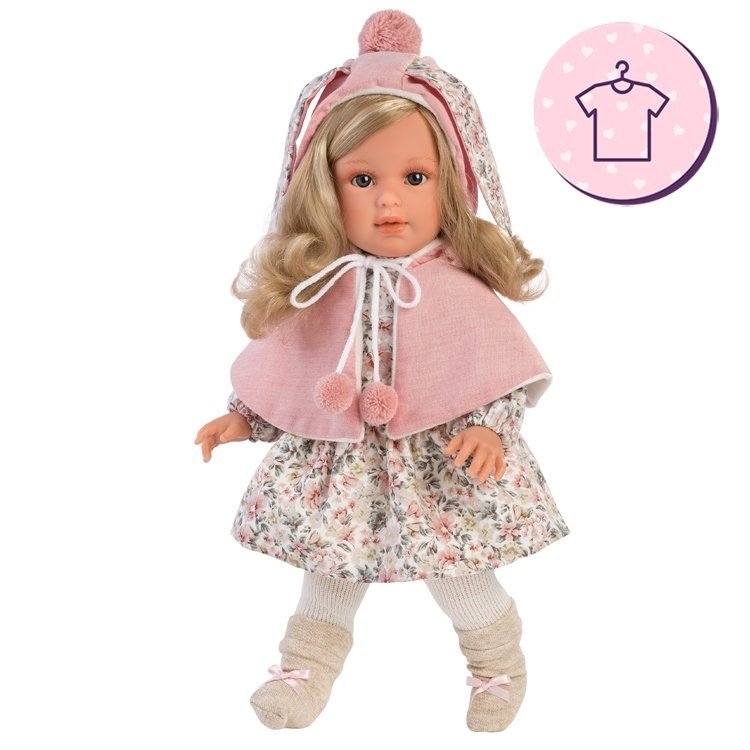 Kleidung für Llorens-Puppen 40 cm - Kleid mit Blumendruck, rosa Umhang und Stiefeletten