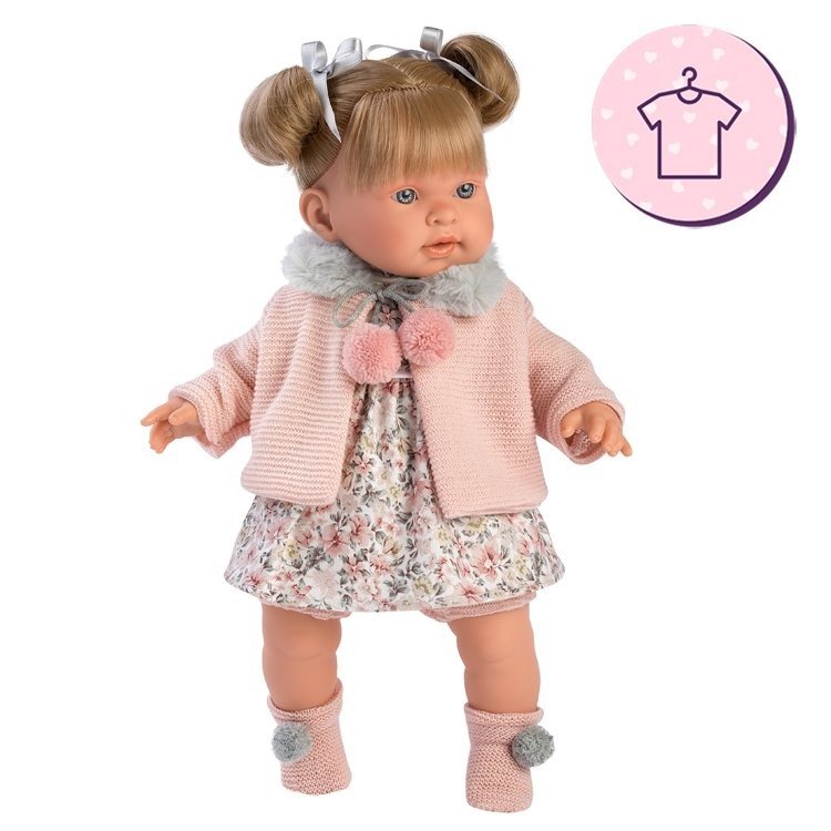 Kleidung für Llorens-Puppen 42 cm - Kleid mit Blumendruck, rosa Jacke und Stiefeln