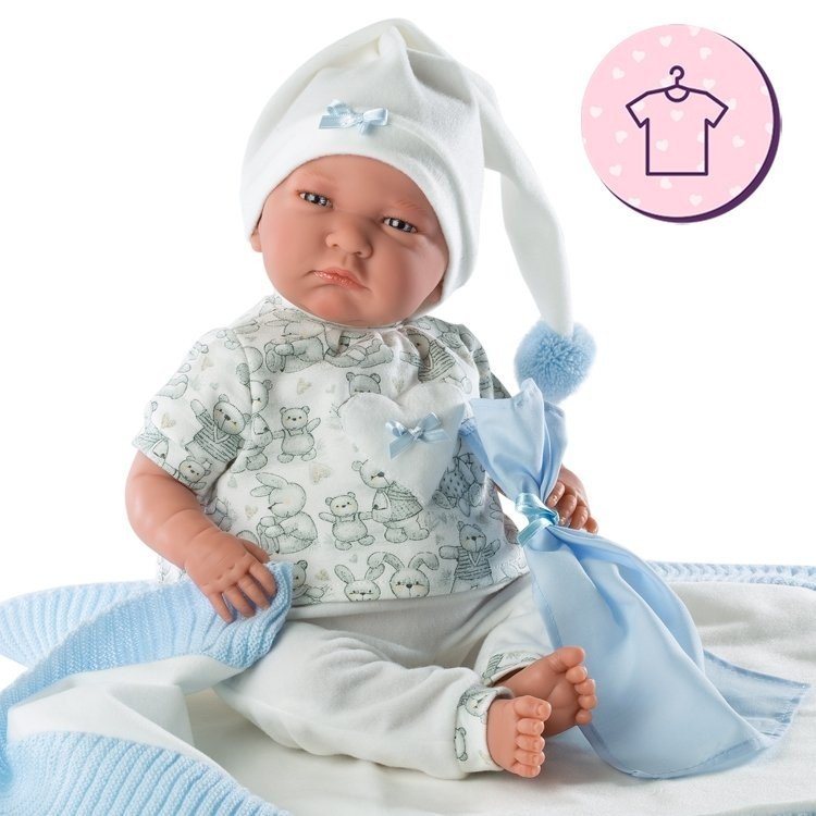 Kleidung für Llorens Puppen 42 cm - Weißer Tierpyjama mit Hut und blauem Doudou