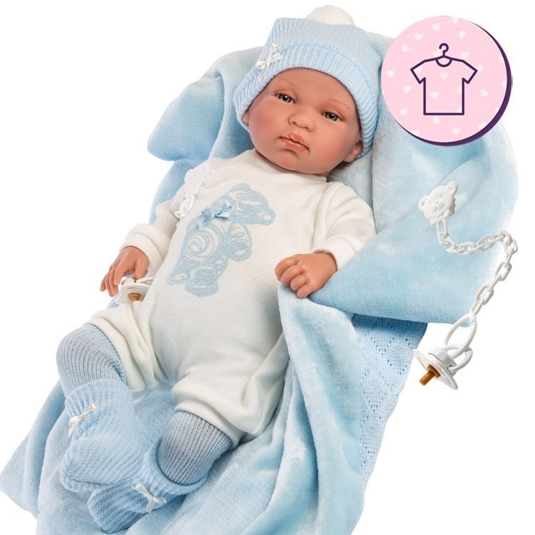 Kleidung für Llorens Puppen 44 cm - Blauer Bären Strampler mit Hut und Stiefeletten boot