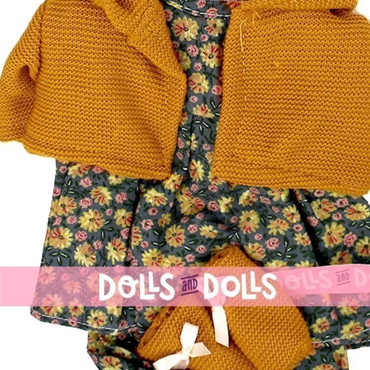 Kleidung für Llorens Puppen 33 cm - Blumen bedrucktes Outfit mit senffarbener Jacke und Stiefeletten