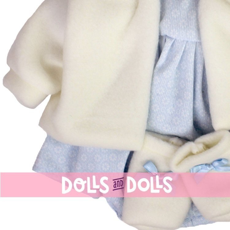 Kleidung für Llorens Puppen 42 cm - Blau bedrucktes Outfit mit weißer Jacke und Stiefeletten