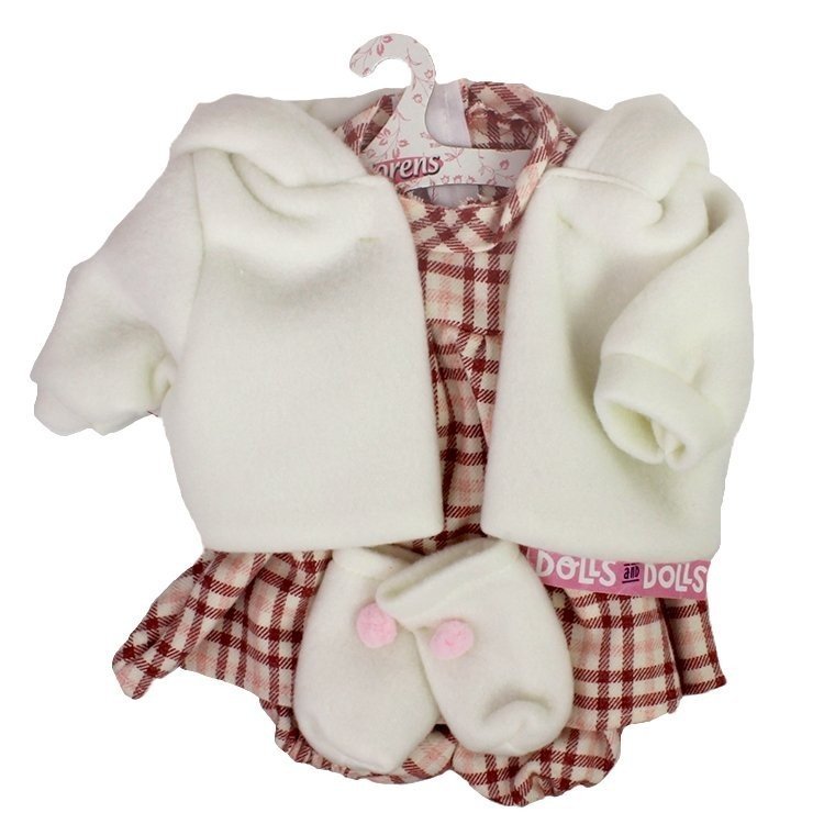 Kleidung für Llorens-Puppen 42 cm - Quadratisches bedrucktes Outfit mit weißer Jacke und Stiefeletten