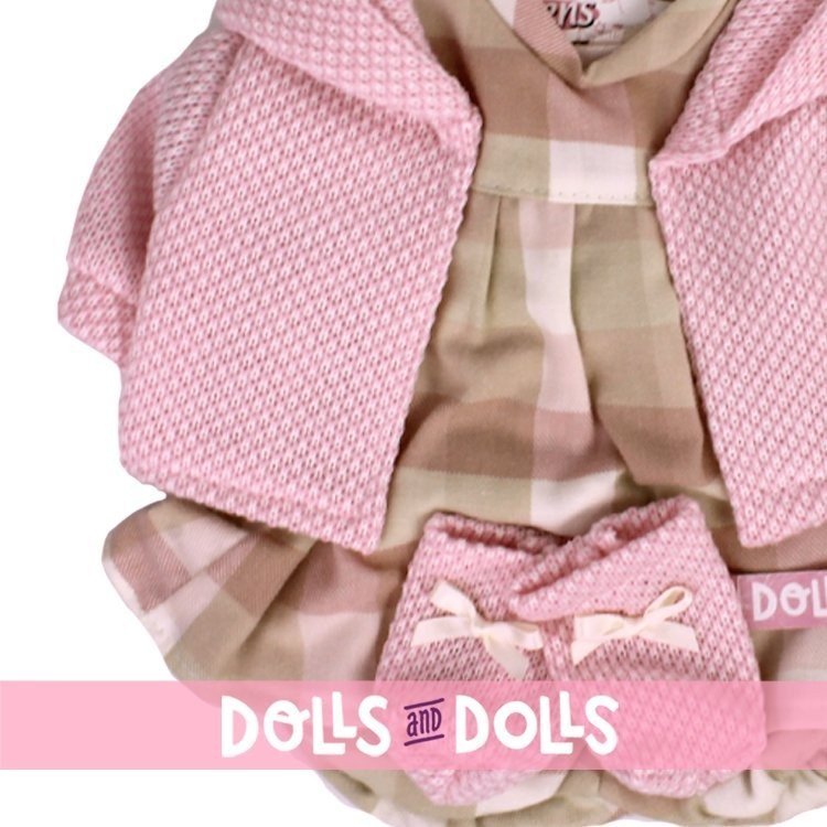 Kleidung für Llorens Puppen 42 cm - Quadratisches bedrucktes Outfit mit rosa Jacke und Stiefeletten