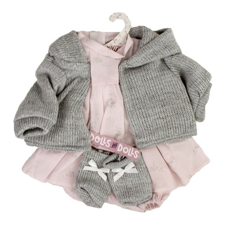 Kleidung für Llorens Puppen 42 cm - Rosa bedrucktes Outfit mit grauer Jacke und Stiefeletten