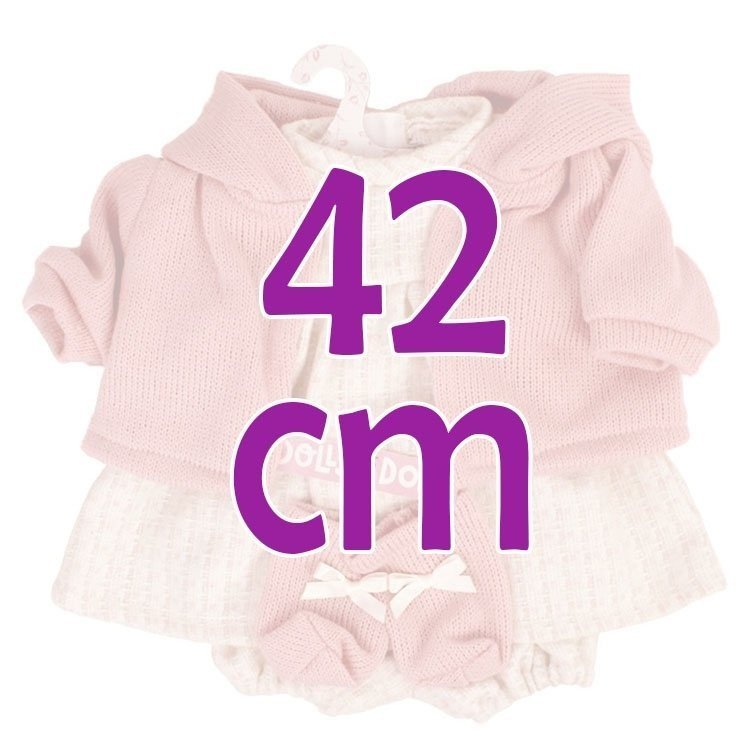 Kleidung für Llorens Puppen 42 cm - Beige bedrucktes Outfit mit rosa Jacke und Stiefeletten