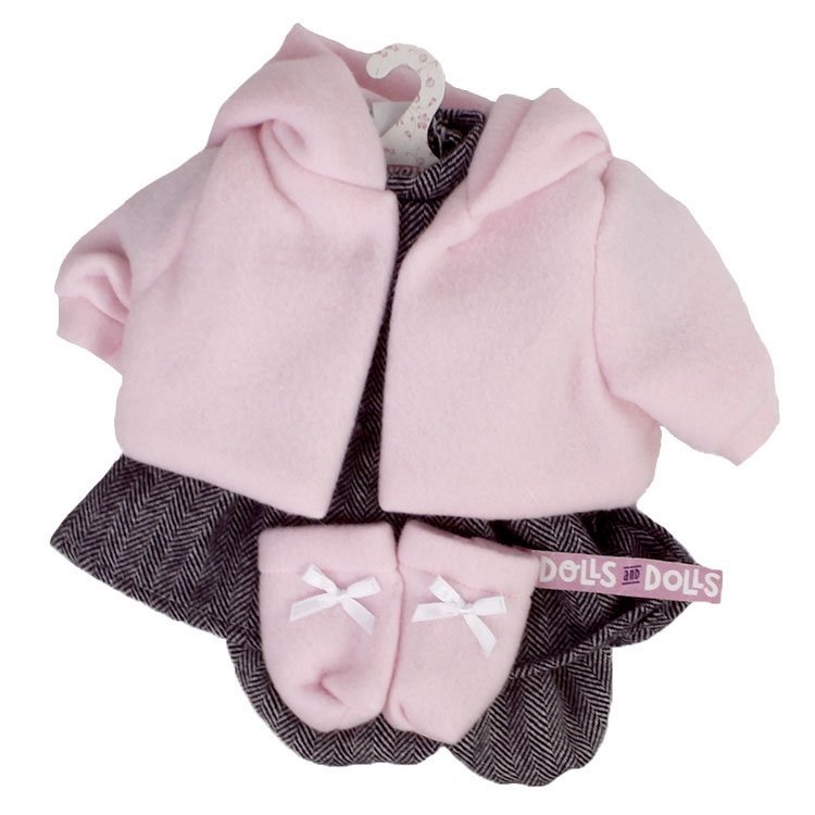 Kleidung für Llorens Puppen 42 cm - Schwarz bedrucktes Outfit mit rosa Jacke und Stiefeletten