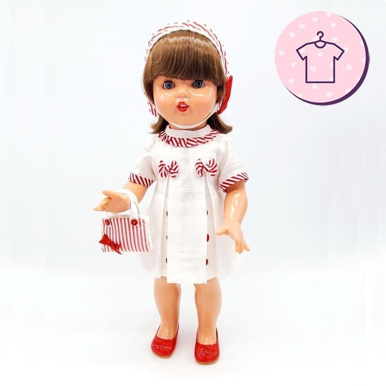 Outfit für Mariquita Pérez Puppe 50 cm - Weißes Kleid mit gestreifter Haube