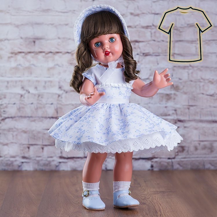 Outfit für Mariquita Pérez Puppe 50 cm - Weißes Kleid mit hellblauen Blumen