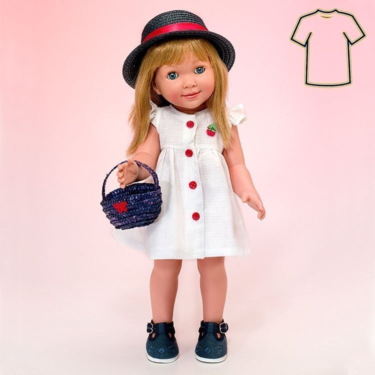 Miel de Abeja Puppe Outfit 45 cm - Carolina - Weißes Kleid mit rosa Knöpfen