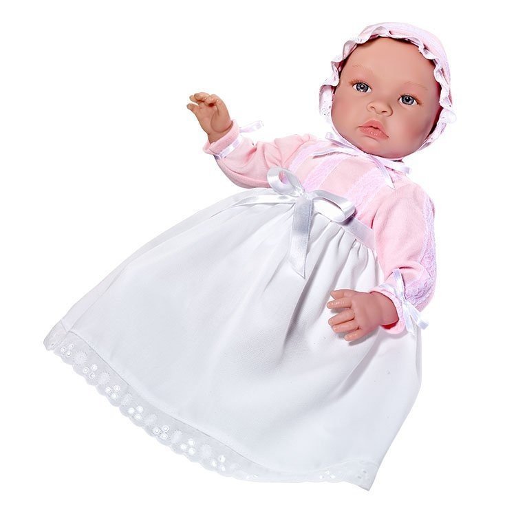 Así Puppe 46 cm - Leo mit langem weißem Piqué-Kleid und rosa Pünktchen