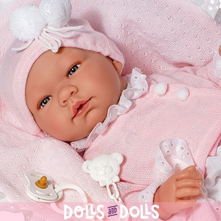 Así Puppe 43 cm - María mit weißem Strampler mit rosa Jacke mit Decke
