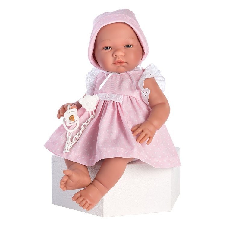 Así Puppe 43 cm - Maria mit weiß gepunktetem rosa bedrucktem Kleid