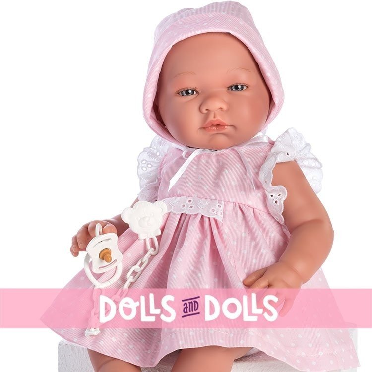 Así Puppe 43 cm - Maria mit weiß gepunktetem rosa bedrucktem Kleid