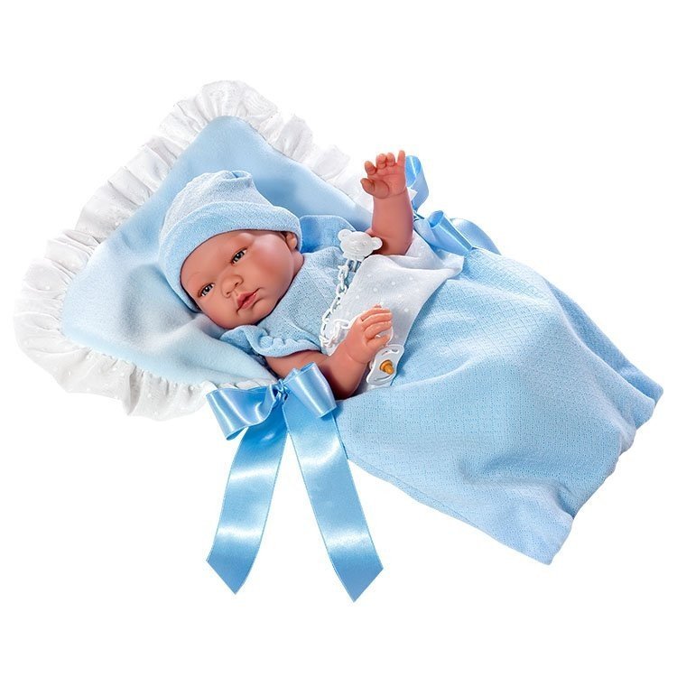 Así Puppe 43 cm - Pablo mit blauem Körper im hellblauen Schlafsack mit weißem Federkleid