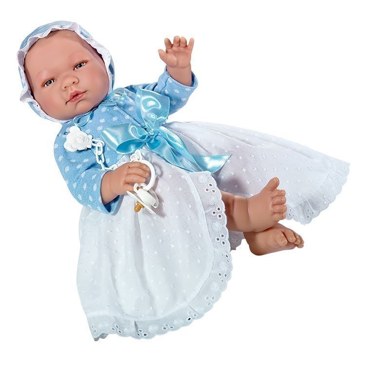 Así Puppe 43 cm - Pablo mit langem offenem weißen Plumetikleid und blauem Strick