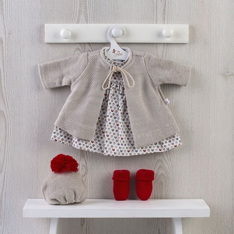 Outfit für Así Puppe 46 cm - Kleid in Farben mit beigem Cabanmantel für Leo Puppe