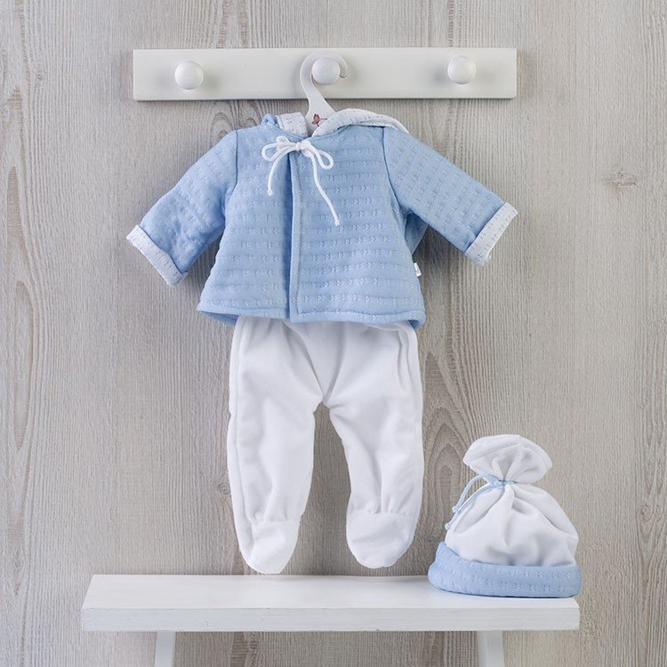 Outfit für Así-Puppe 46 cm - Hellblauer Dufflecoat und weiße Leggings für Leo-Puppe