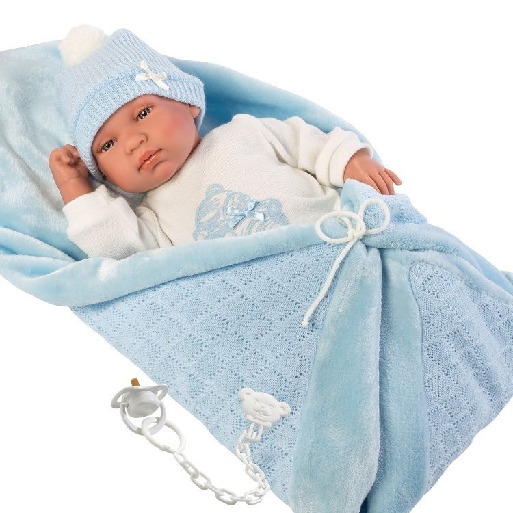 Llorens Puppe 44 cm - Weinender Tino mit blauer Decke