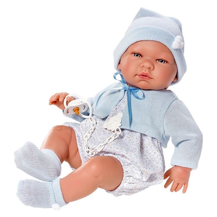 Así Puppe 43 cm - Pablo mit blauem Blumenstrampler und blauer Jacke