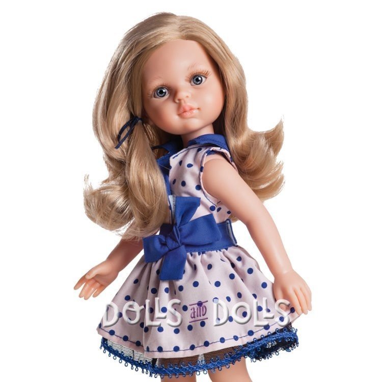 Paola Reina Puppe 32 cm - Las Amigas - Carla mit rosa-blauem Kleid mit Tupfen