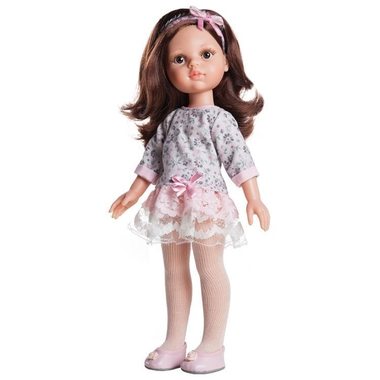Paola Reina Puppe 32 cm - Las Amigas - Carol mit rosa-grauem Kleid mit Blumen