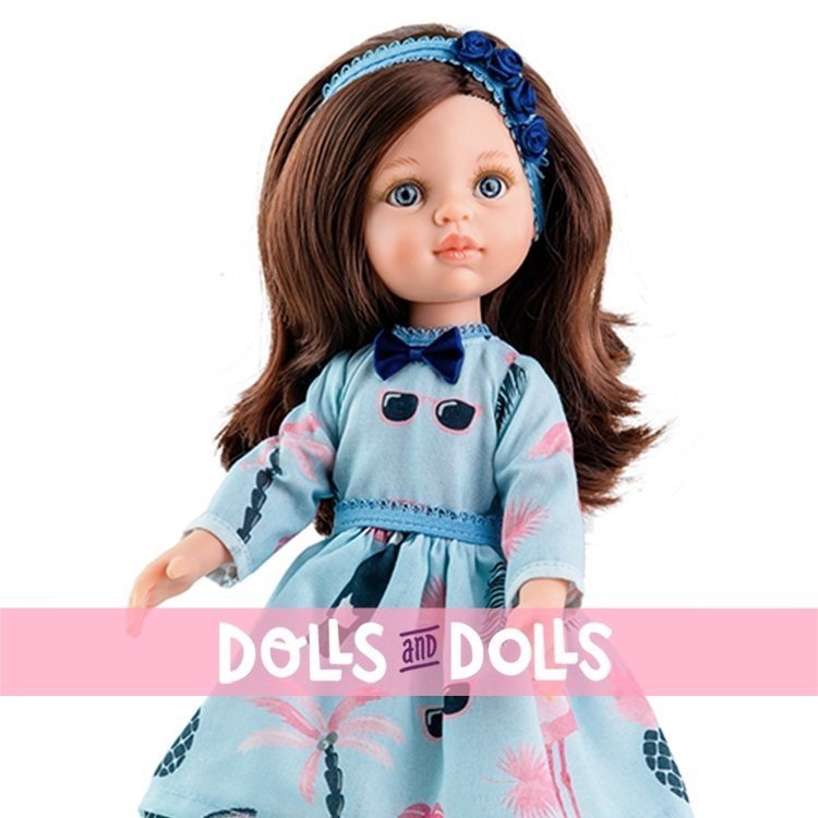 Paola Reina Puppe 32 cm - Las Amigas - Carol mit blauem bedrucktem Kleid