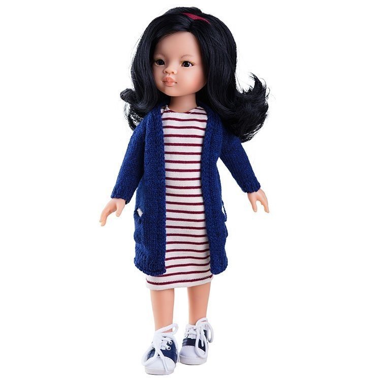 Paola Reina Puppe 32 cm - Las Amigas - Liu mit gestreiftem Kleid und blauer Jacke