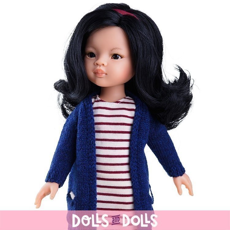 Paola Reina Puppe 32 cm - Las Amigas - Liu mit gestreiftem Kleid und blauer Jacke