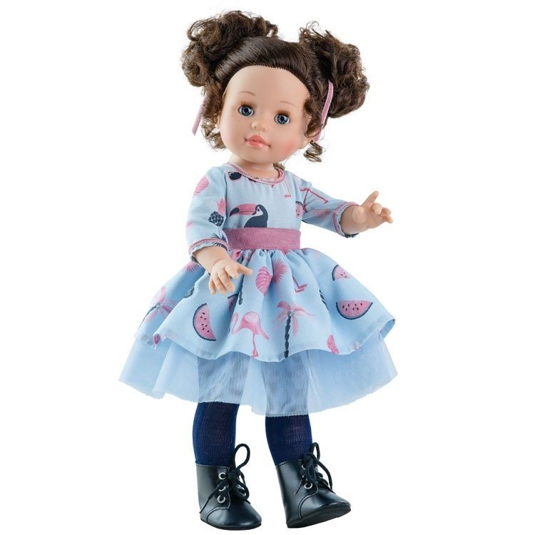 Paola Reina Puppe 45 cm - Soy tú - Emily mit blauem bedrucktem Kleid