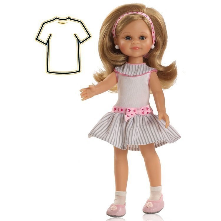 Paola Reina Puppenoutfit 32 cm - Las Amigas - Kleid Claire Sommer weiß mit grauen Streifen strip