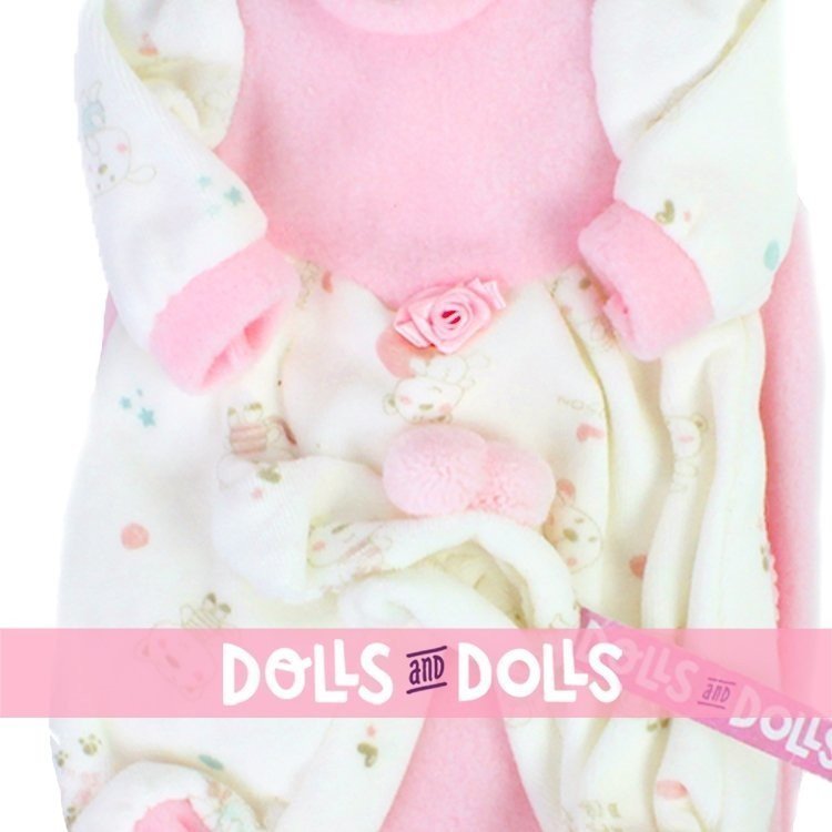 Kleidung für Llorens Puppen 35 cm - Rosa bedrucktes Outfit mit Stirnband und Decke