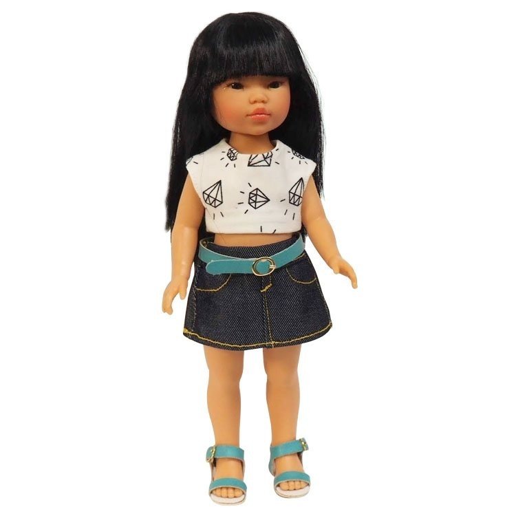Vestida de Azul Puppe 28 cm - Los Amigos de Carlota - Umi mit Jeansrock und bedrucktem T-Shirt