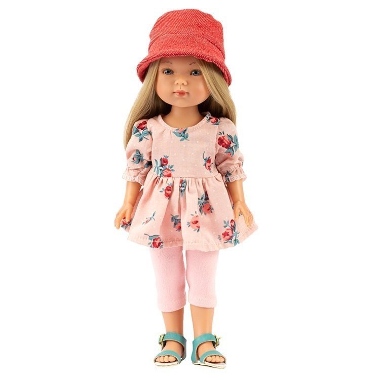 Vestida de Azul Puppe 28 cm - Carlota mit rosa Jeans, Blumenkleid und Hut